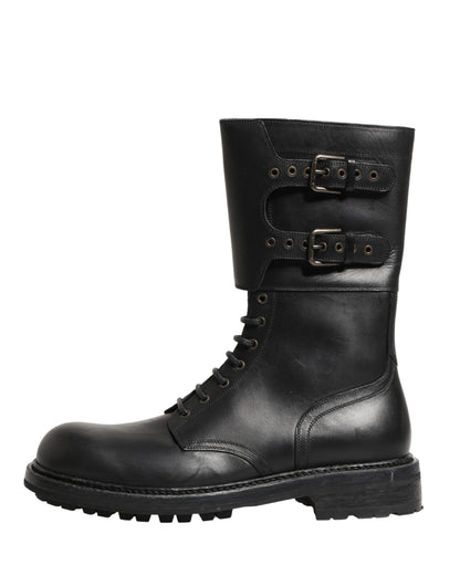 Dolce & Gabbana Black Leather Belted Buckle Combat Boots Shoes
