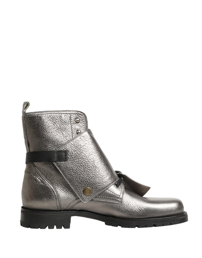 Dolce & Gabbana Metallic Silver Leather Buckle Ankle Boots Shoes