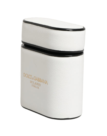 Dolce & Gabbana White Calf Leather Logo Print Flip Holder  Airpods Case