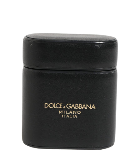 Dolce & Gabbana Black Calf Leather Logo Print Flip Holder Airpods Case