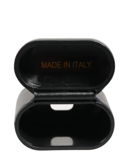 Dolce & Gabbana Black Calf Leather Logo Print Flip Holder Airpods Case