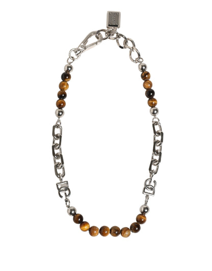 Dolce & Gabbana Silver Tone Brass Chain Beaded Gem DG Logo Bracelet