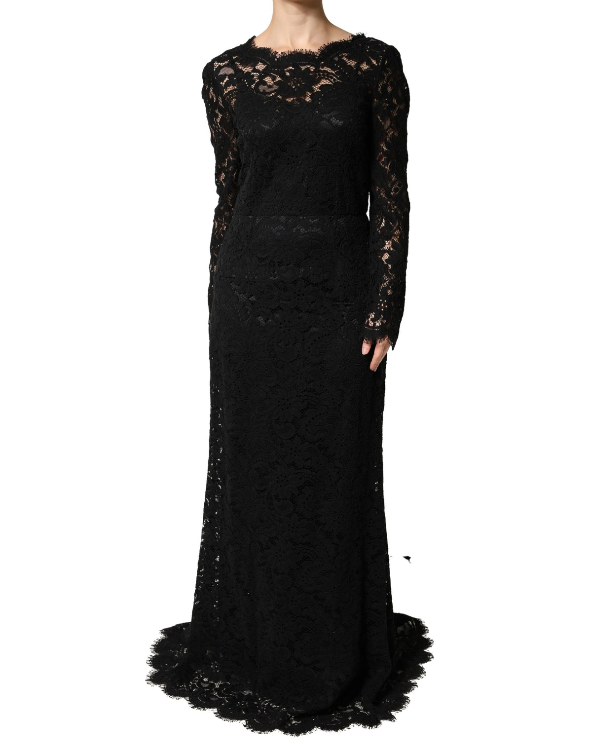 Dolce & Gabbana Black Lace Long Sleeves Cotton Maxi Dress