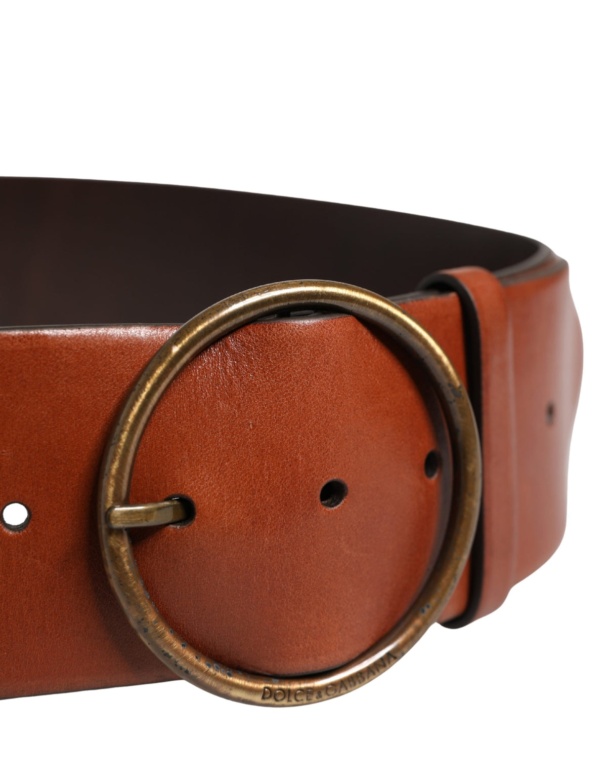 Dolce & Gabbana Men Brown Leather Wide Waist Metal Round Buckle Belt