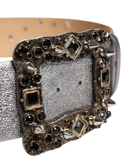 Dolce & Gabbana Silver Leather Crystal Metal Buckle Belt