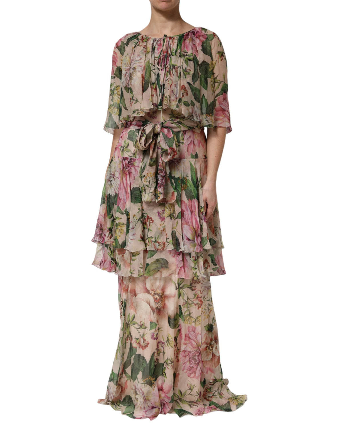 Dolce & Gabbana Maxikleid aus Seide mit mehrfarbigem Blumenmuster und Lagen-Look