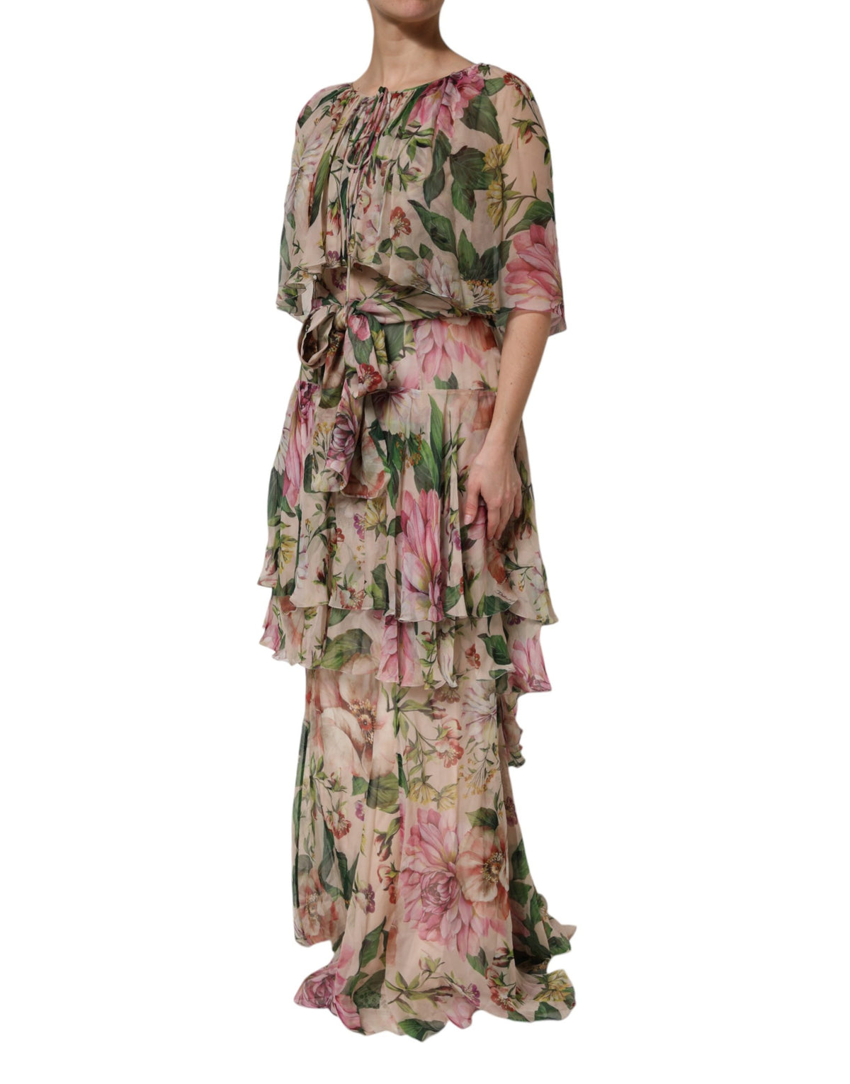 Dolce & Gabbana Maxikleid aus Seide mit mehrfarbigem Blumenmuster und Lagen-Look