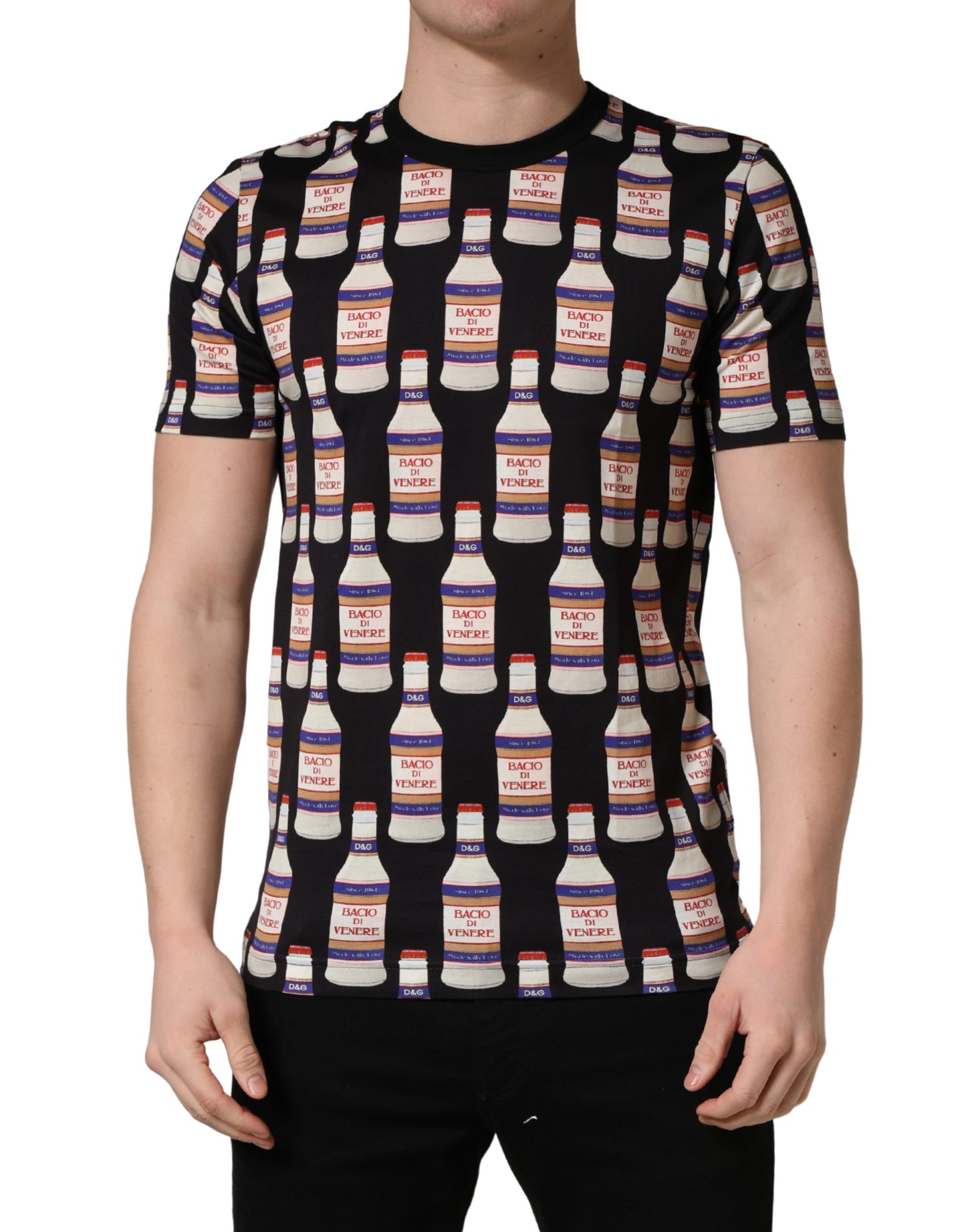 Dolce & Gabbana Black Bottle Print Cotton Crew Neck  T-shirt