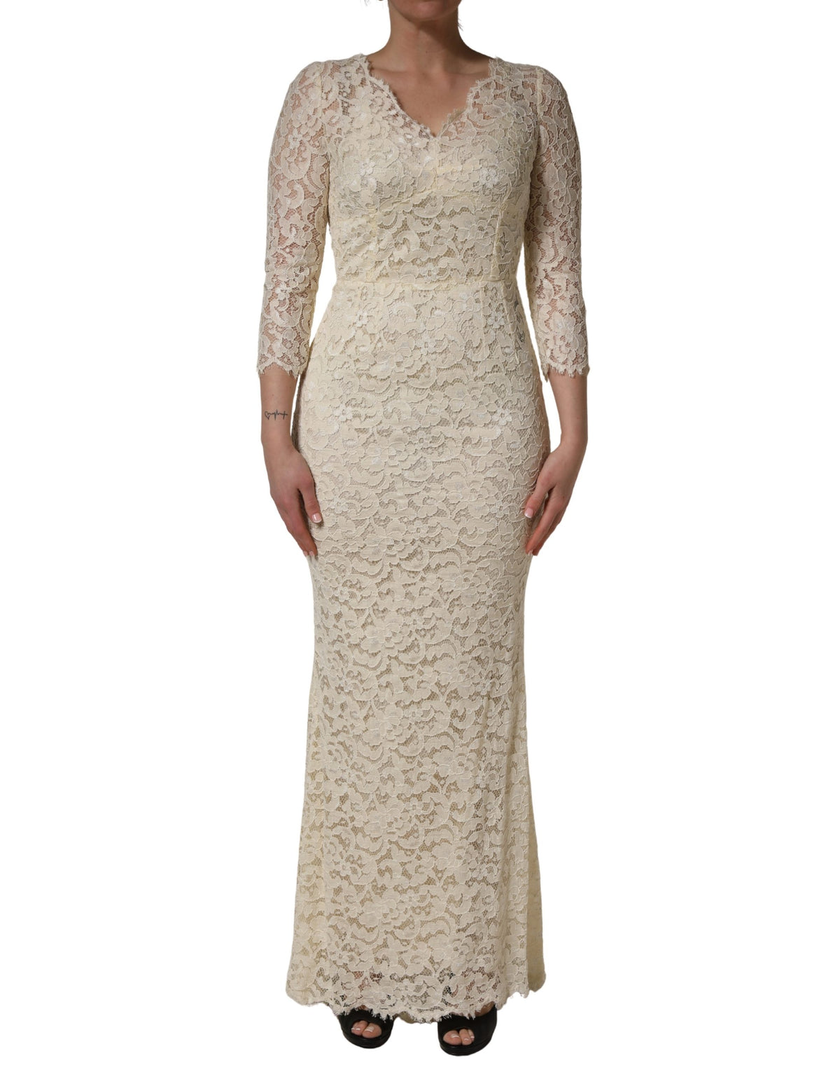 Dolce & Gabbana Off White Floral Lace Sheath Maxi Dress