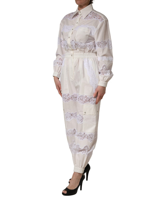 Dolce & Gabbana White Cotton Lace Trim Long Sleeves Jumpsuit
