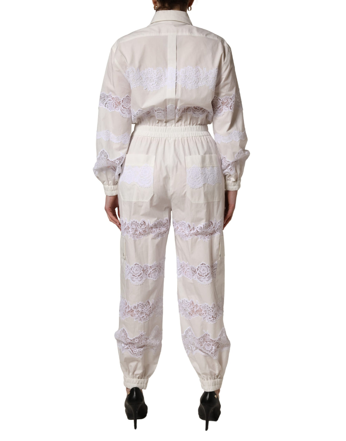 Dolce & Gabbana White Cotton Lace Trim Long Sleeves Jumpsuit