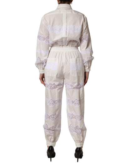 Dolce & Gabbana White Cotton Lace Trim Long Sleeves Jumpsuit