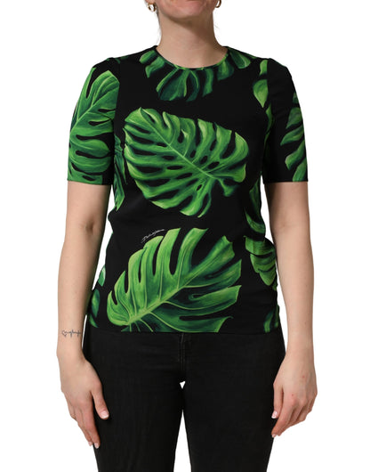 Dolce & Gabbana Black Philodendron Print Silk Blouse Top