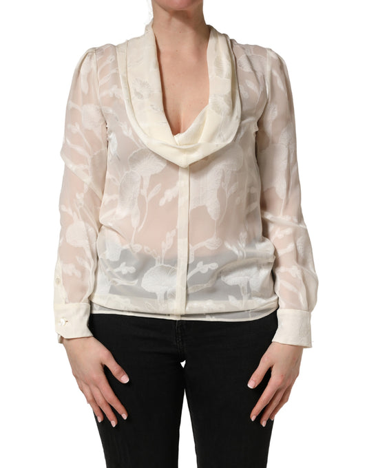 Dolce & Gabbana Off White Floral Semi Sheer Silk Blouse Top