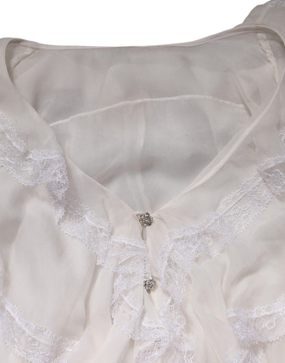 Dolce & Gabbana White LongSleeve Lace Trim Ruffled Blouse Top