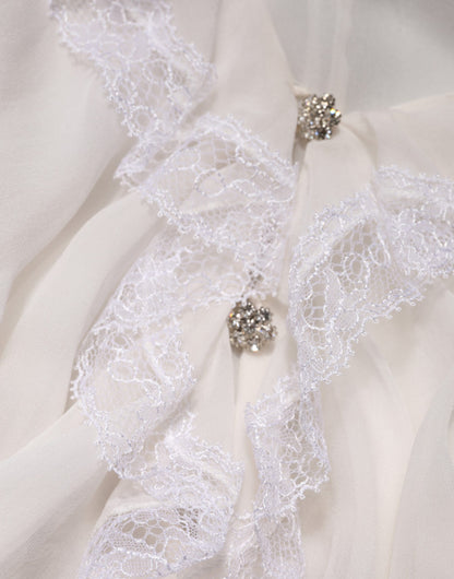 Dolce & Gabbana White LongSleeve Lace Trim Ruffled Blouse Top