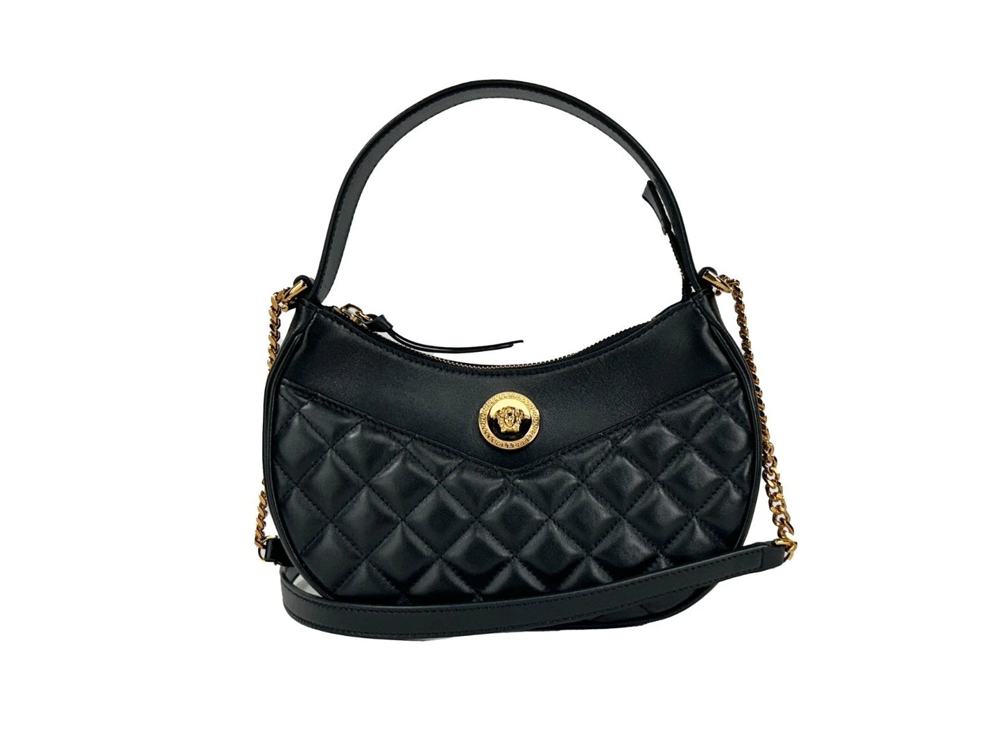 Versace Quilted Black Leather Half Moon Chain Crossbody Bag