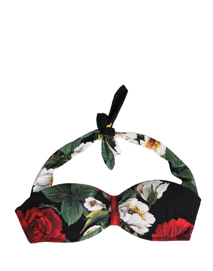 Dolce & Gabbana Black Floral Padded Halter Bikini Top Swimwear