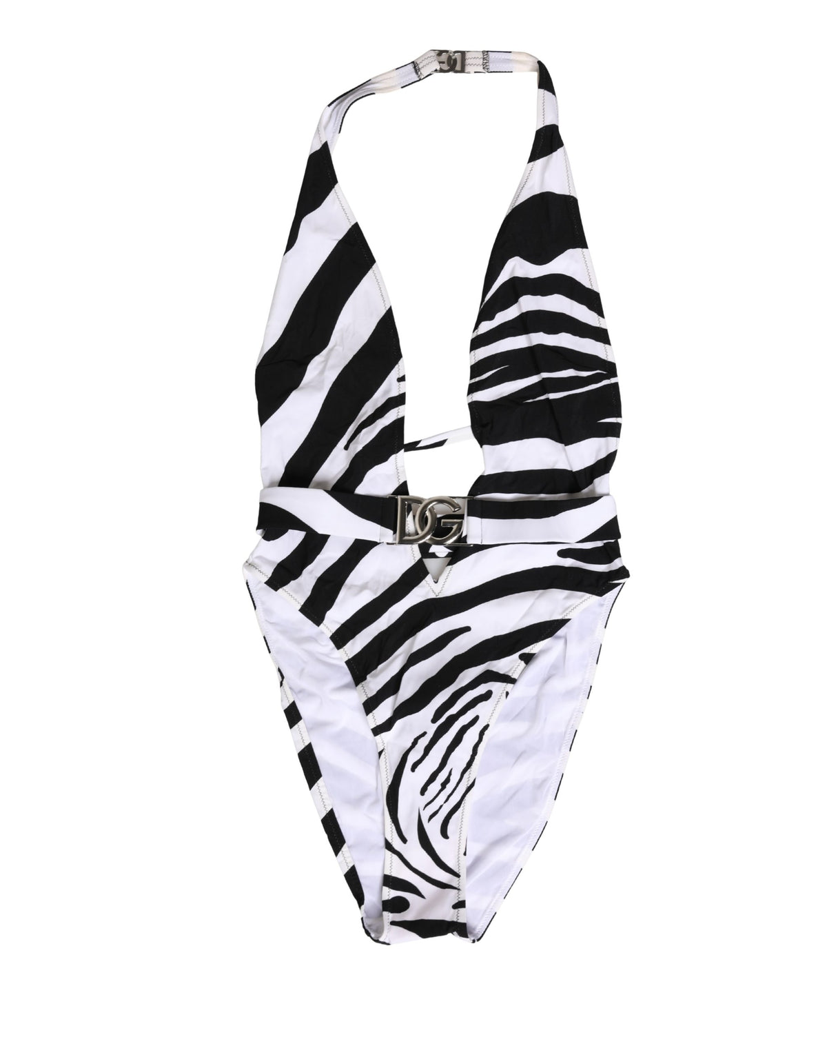Dolce & Gabbana Schwarz-Weiß Zebra Tiefer V-Ausschnitt Einteiliger Badeanzug