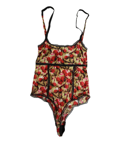 Roberto Cavalli Multicolor CherryPrint Lace Bodysuit Underwear