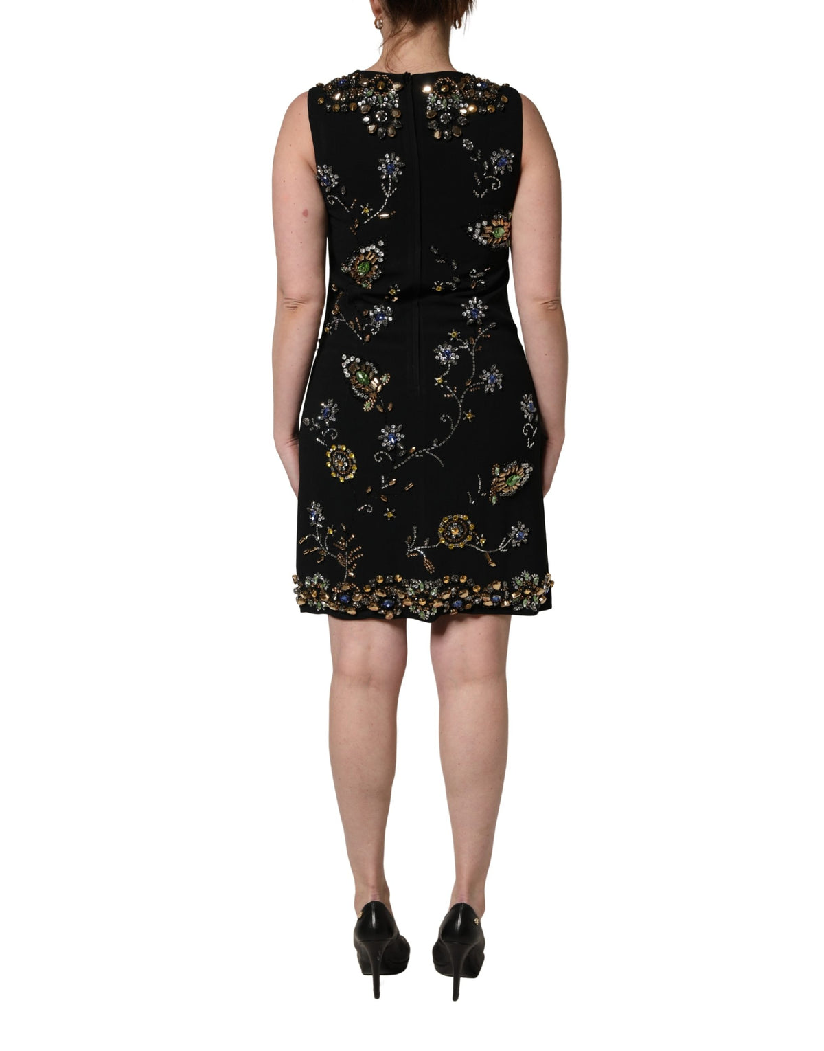 Dolce & Gabbana Schwarzes ärmelloses Kleid mit floralen Perlenverzierungen