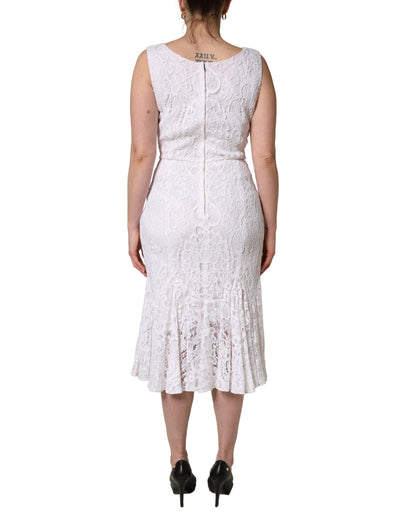 Dolce & Gabbana White Floral Lace Sleeveless Midi Dress