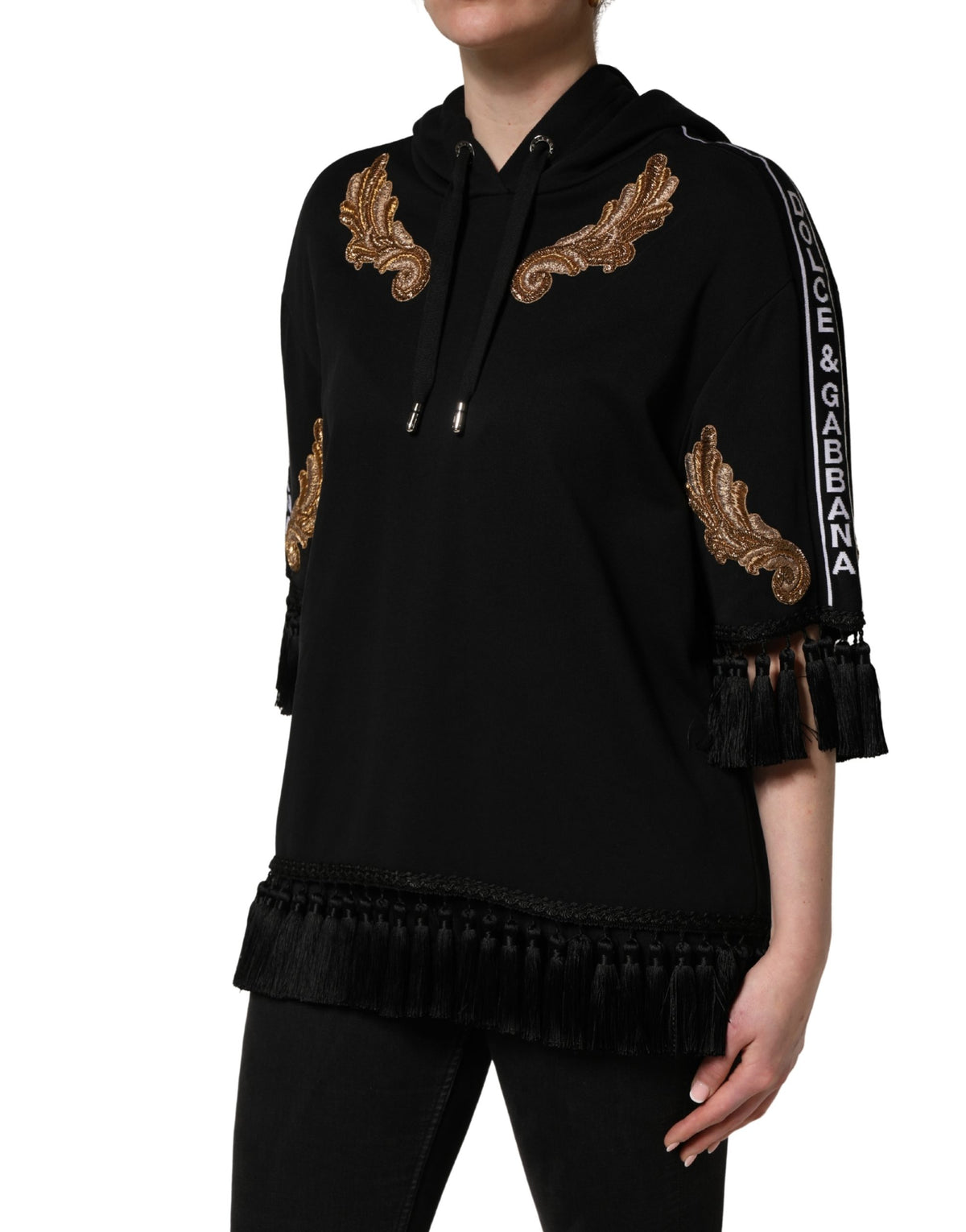 Dolce & Gabbana Schwarzer bestickter Kapuzenpullover mit Quasten