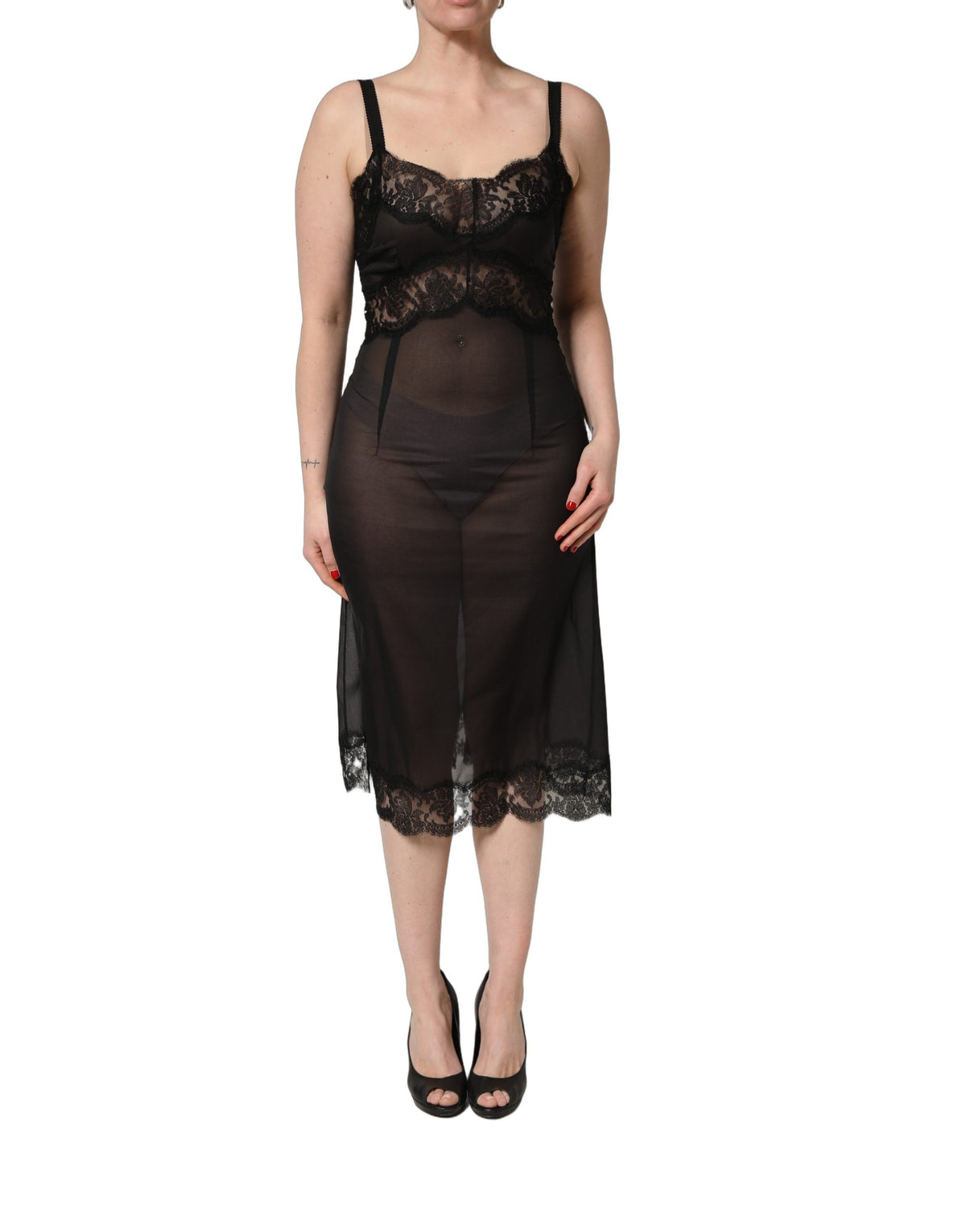 Dolce & Gabbana Schwarzes Seiden-Spitzen-Negligé Unterwäsche Chemise Nachtwäsche