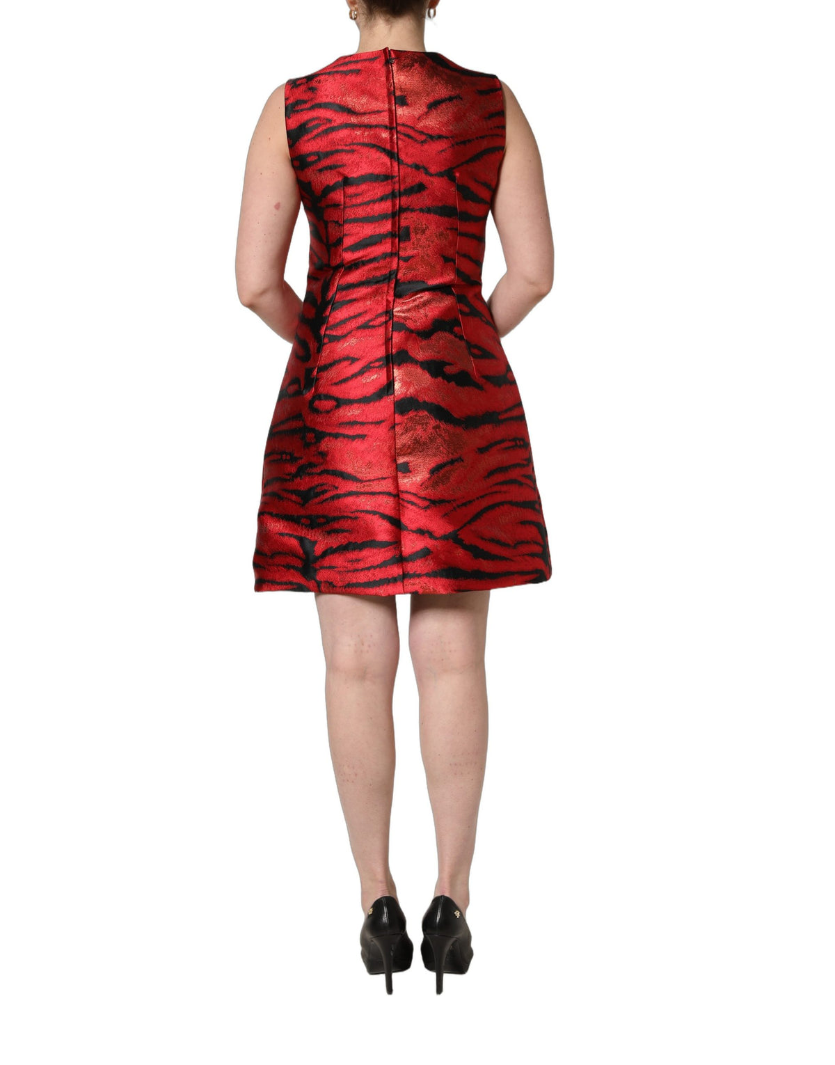Dolce & Gabbana Rot-Schwarz Tiger-Print Jacquard Ausgestelltes Kleid