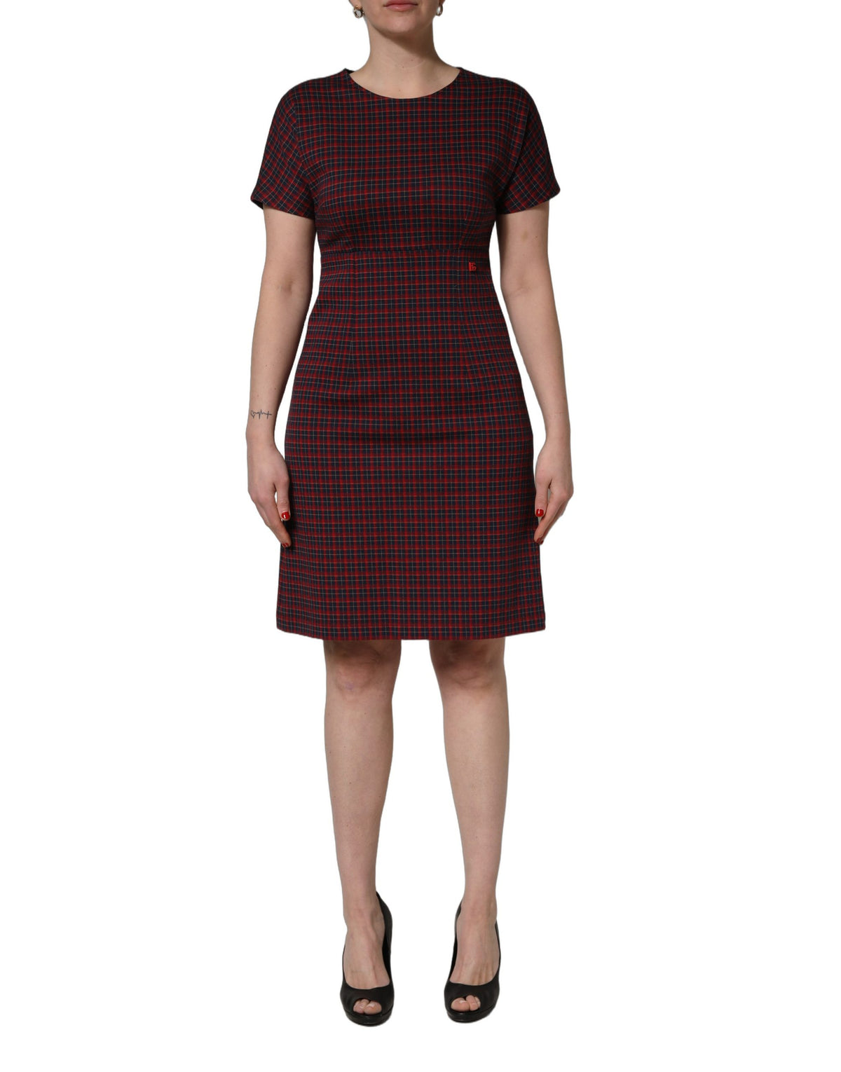 Dolce & Gabbana Rot-Schwarz Kariertes Kurzarm-Etuikleid