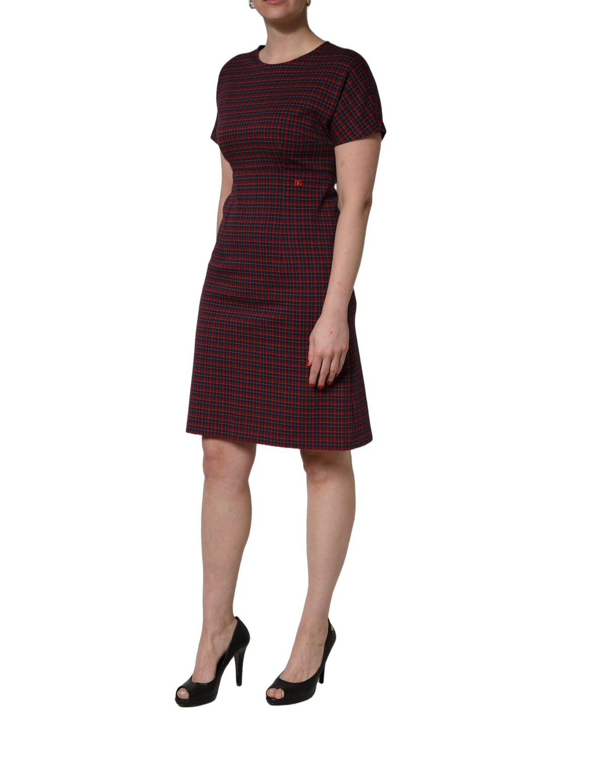 Dolce & Gabbana Rot-Schwarz Kariertes Kurzarm-Etuikleid