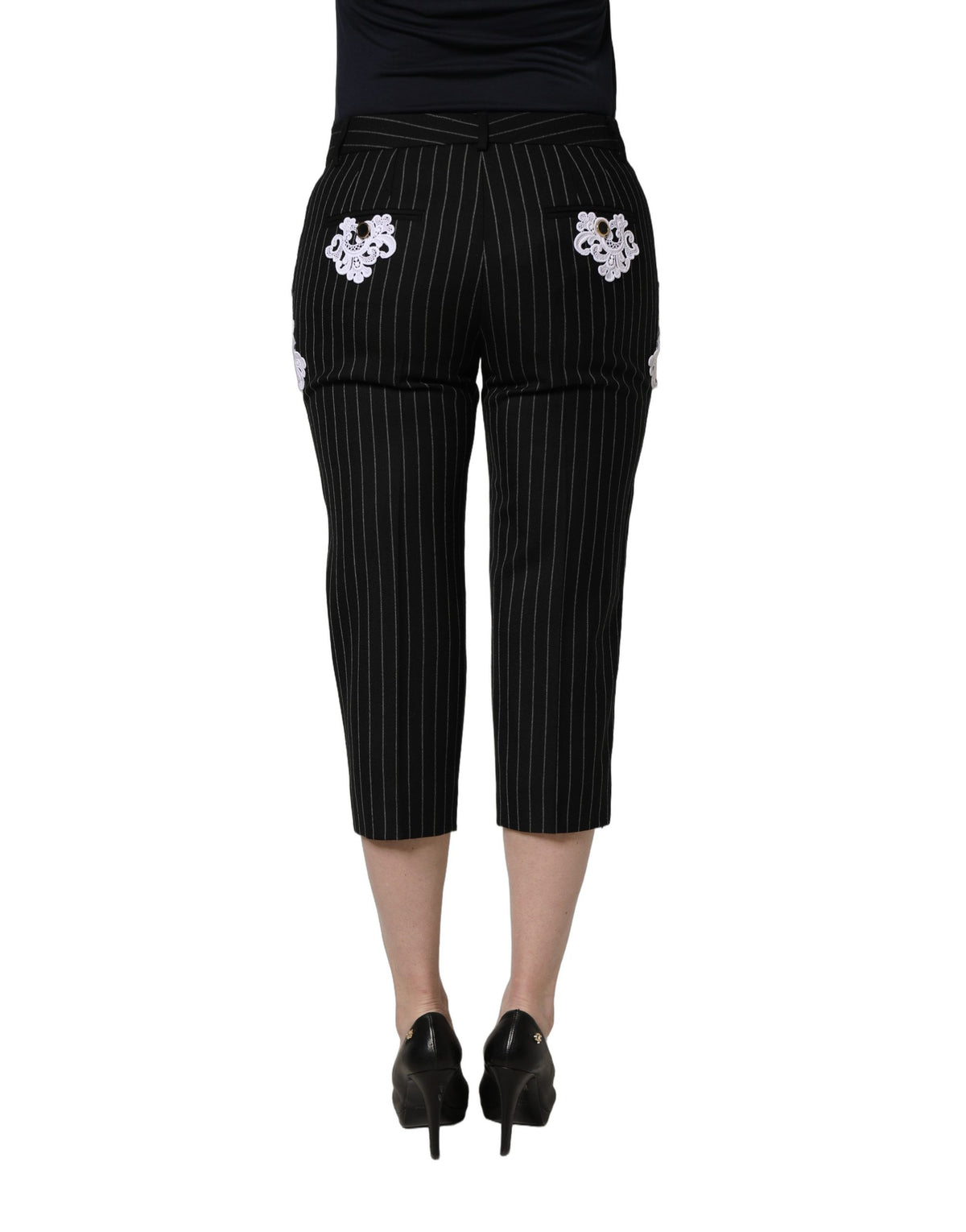 Dolce & Gabbana Schwarze Nadelstreifen-Cropped-Hose mit Spitzenapplikationen