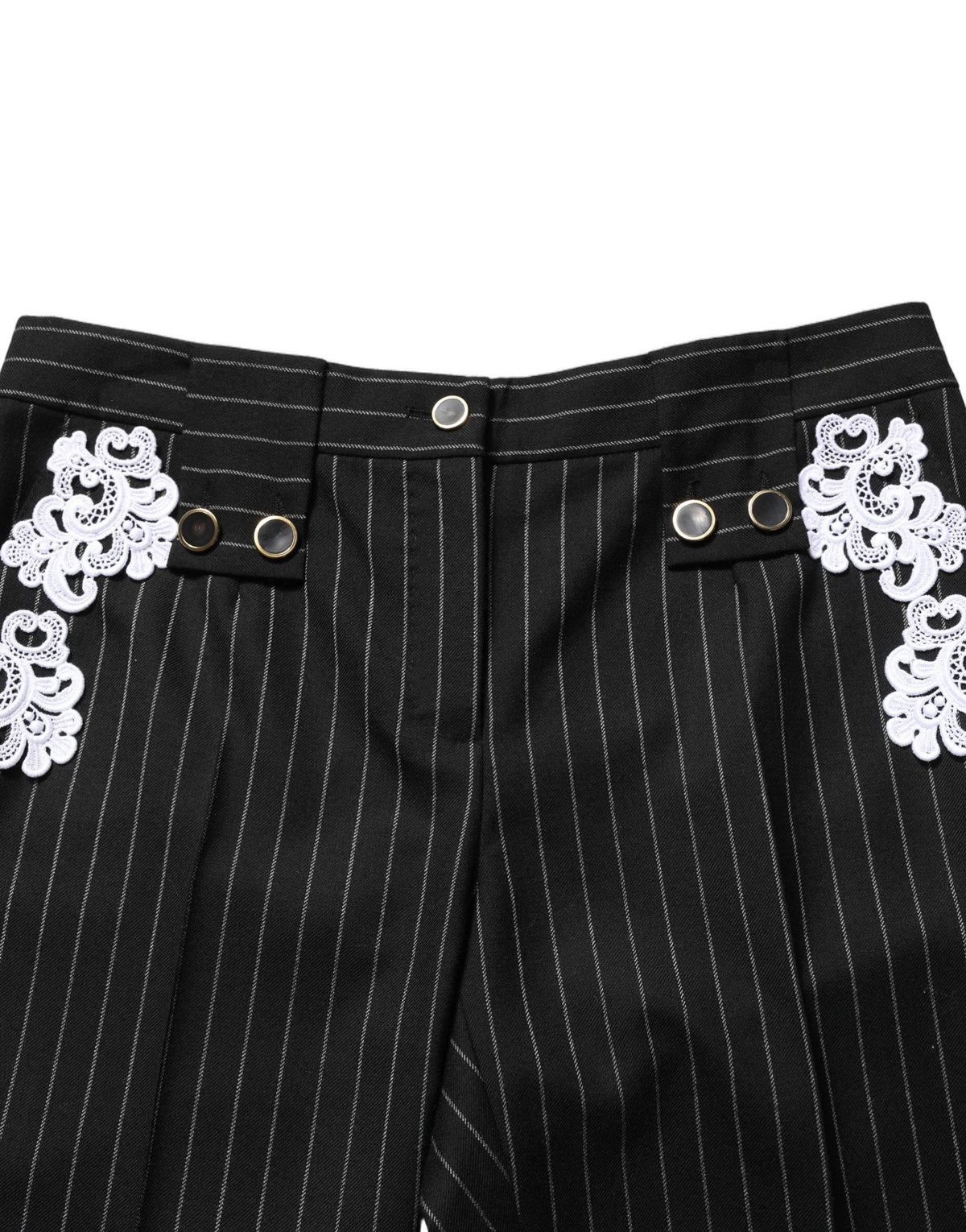 Dolce & Gabbana Schwarze Nadelstreifen-Cropped-Hose mit Spitzenapplikationen