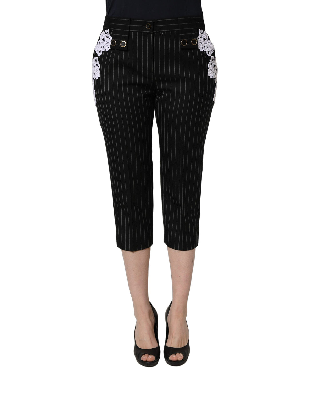 Dolce & Gabbana Schwarze Nadelstreifen-Cropped-Hose mit Spitzenapplikationen