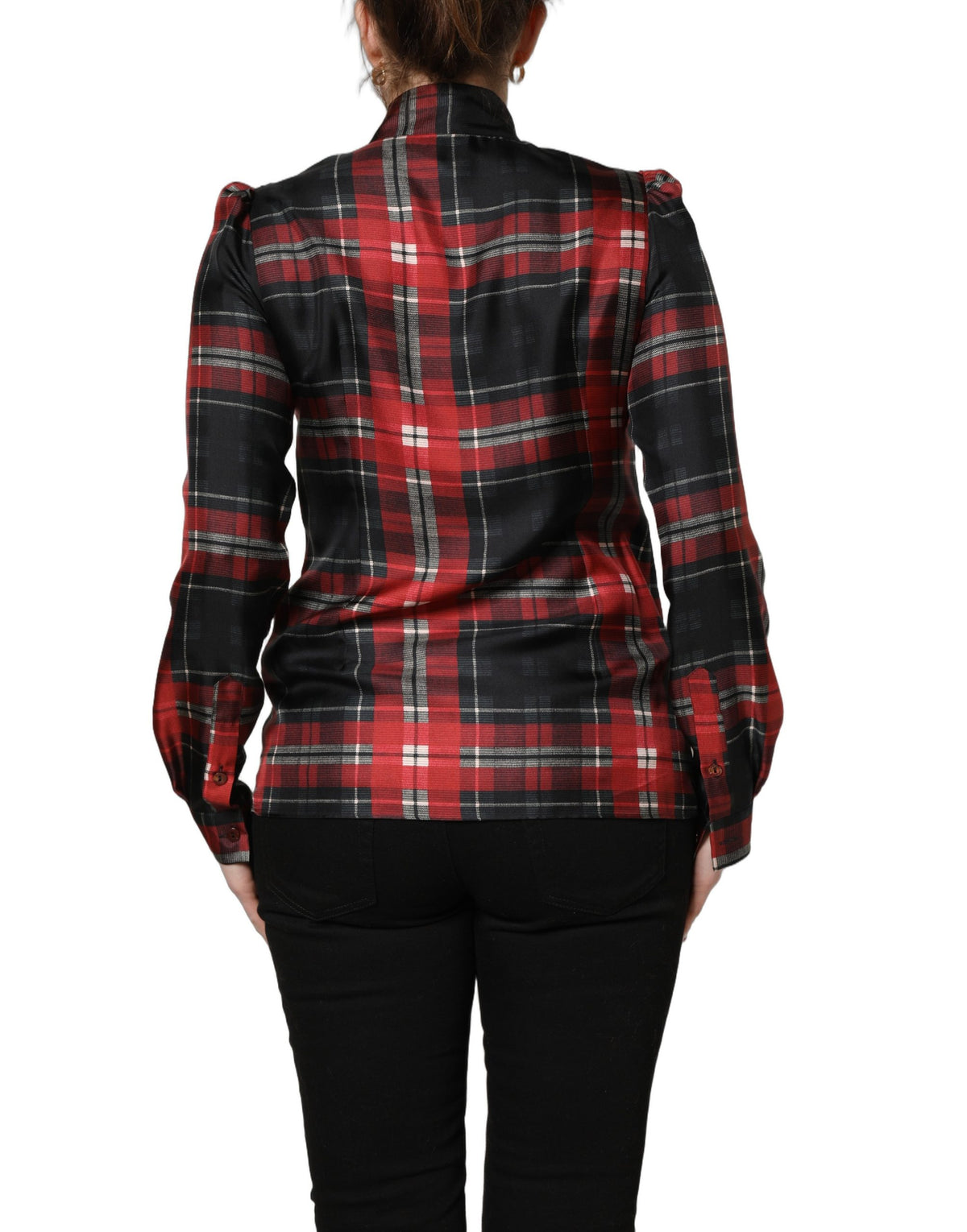 Dolce & Gabbana Rot Schwarz Karierte Seidenbluse mit Schleifenkragen