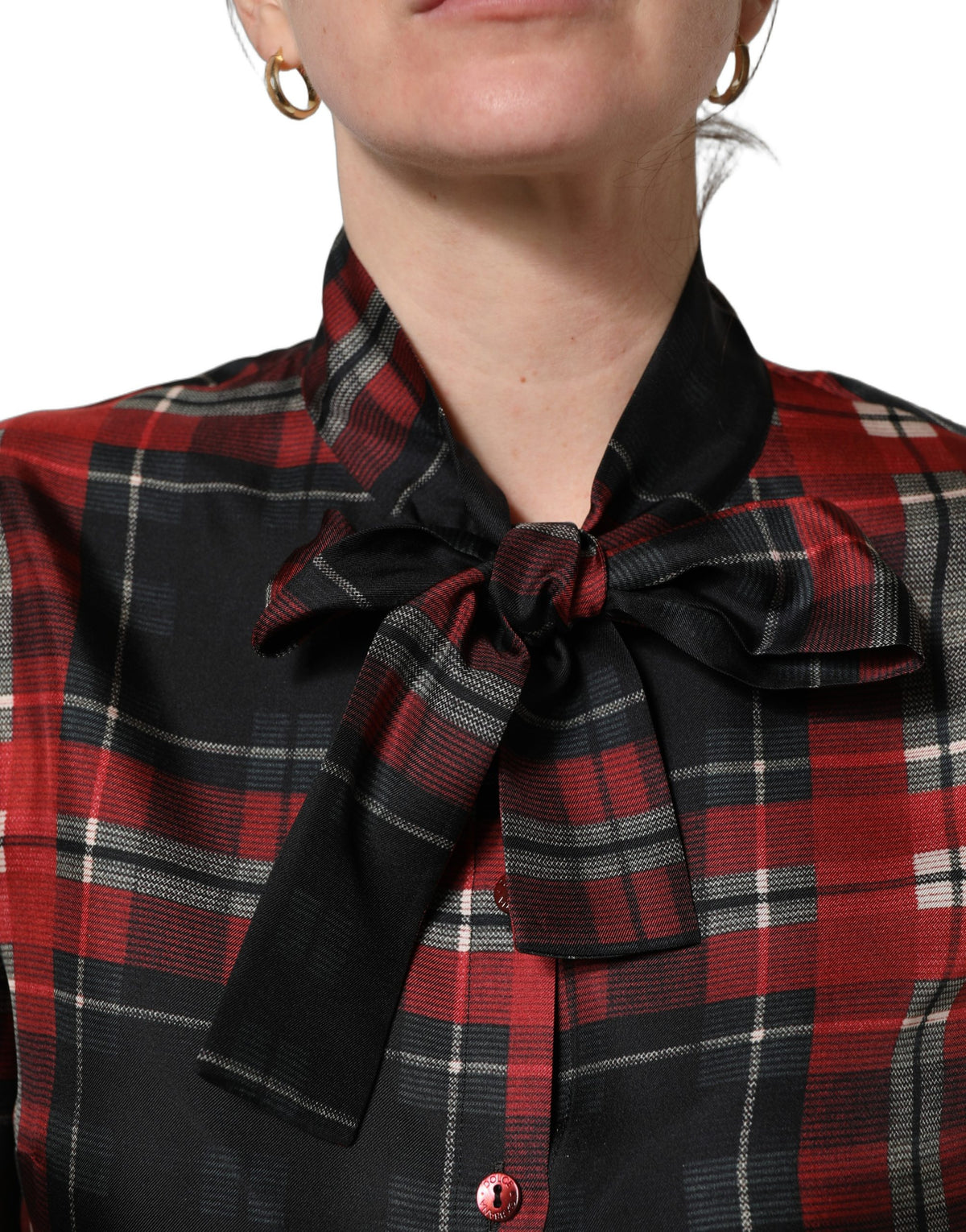 Dolce & Gabbana Rot Schwarz Karierte Seidenbluse mit Schleifenkragen