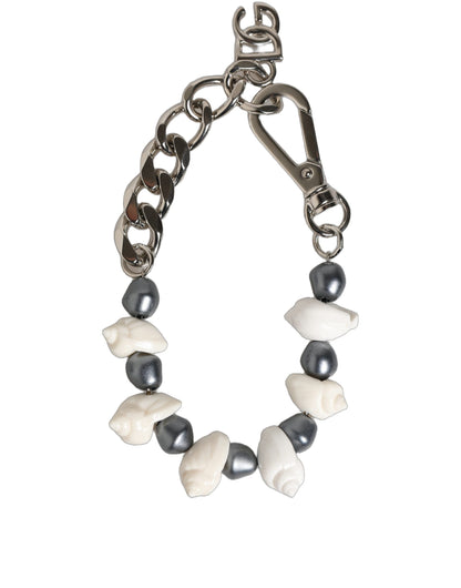 Dolce & Gabbana Silver Tone Brass Beaded Shell DG Logo Pendant Bracelet