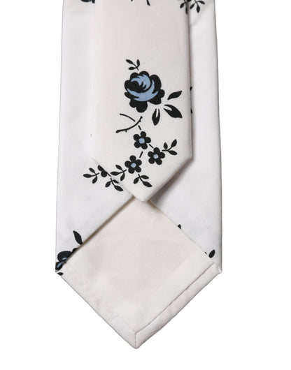 Dolce & Gabbana White Floral Fantasy Cotton Adjustable Men Necktie Tie