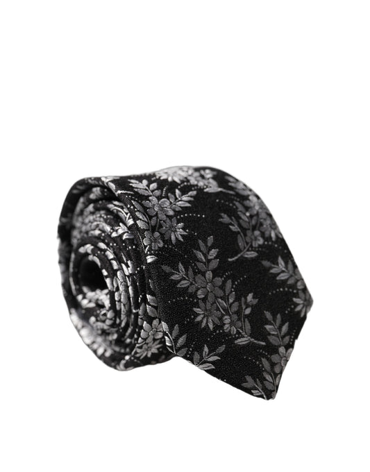 Dolce & Gabbana Black White Floral Silk Adjustable Men Tied Necktie Tie