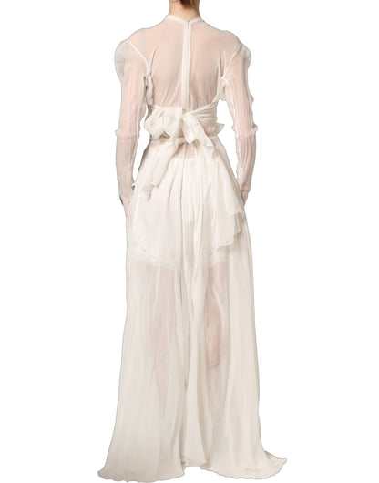 Dolce & Gabbana White Silk Sheer Draped Long Gown Dress