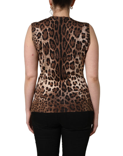 Dolce & Gabbana Brown Leopard Crew Neck Sleeveless Tank Top