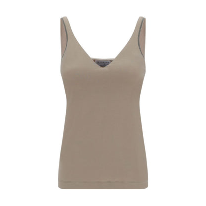 Brunello Cucinelli Beige Cotton Sleeveles T-Shirt