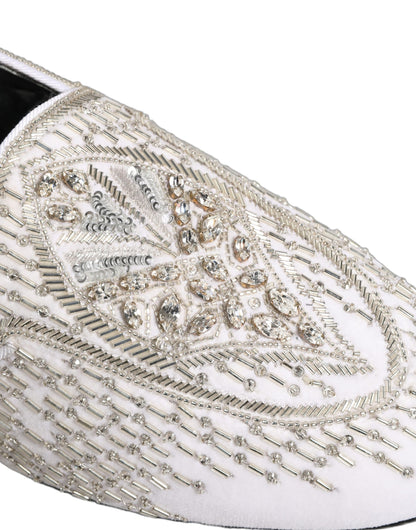 Dolce & Gabbana White Satin Embellished Dress Loafers Shoes