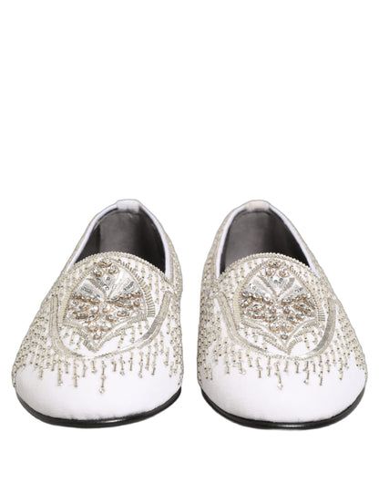 Dolce & Gabbana White Satin Embellished Dress Loafers Shoes