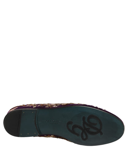 Dolce & Gabbana Violet Velvet Floral Embroidery Loafers Shoes