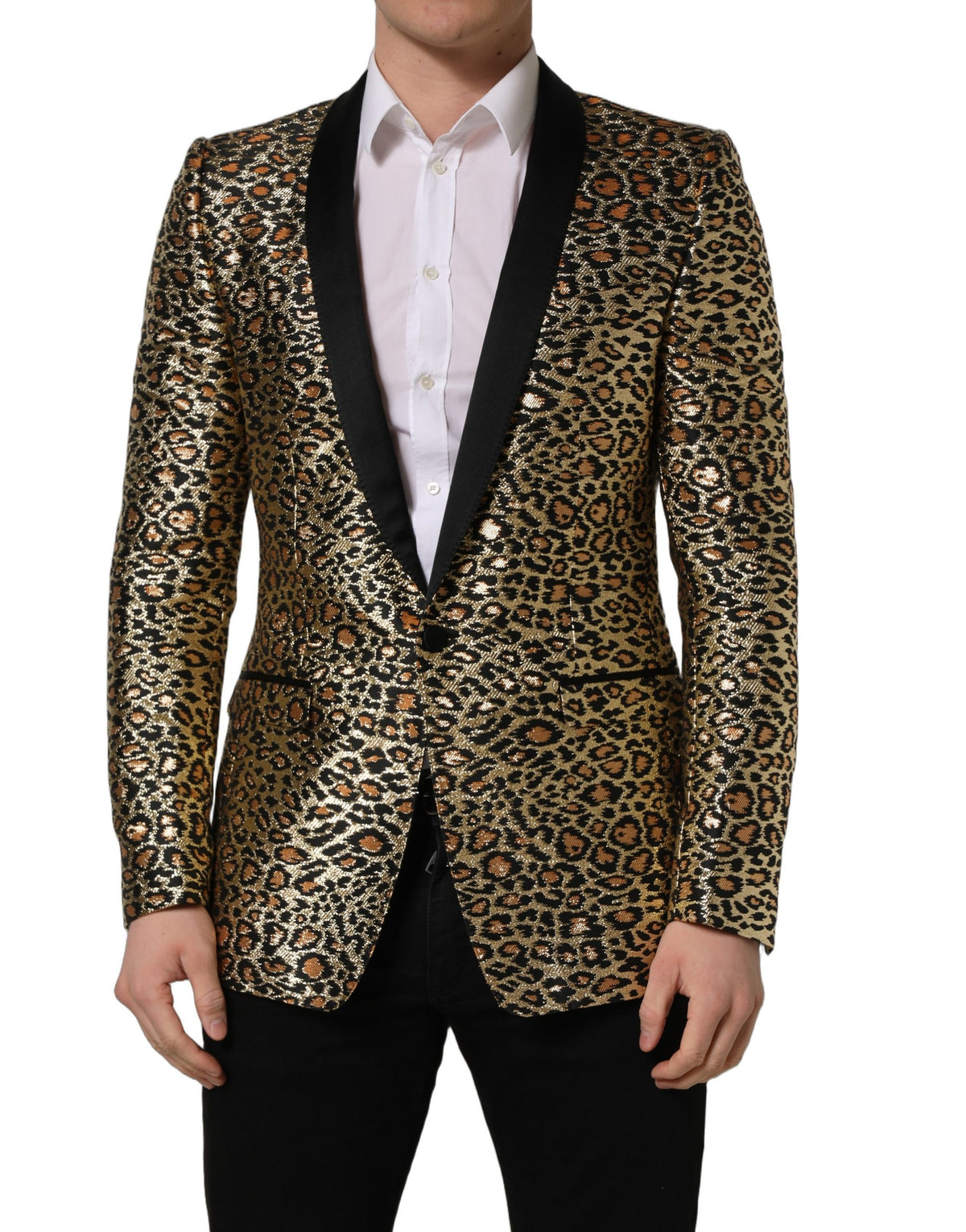Dolce & Gabbana Gold Leopard Einreihige Herrenmanteljacke