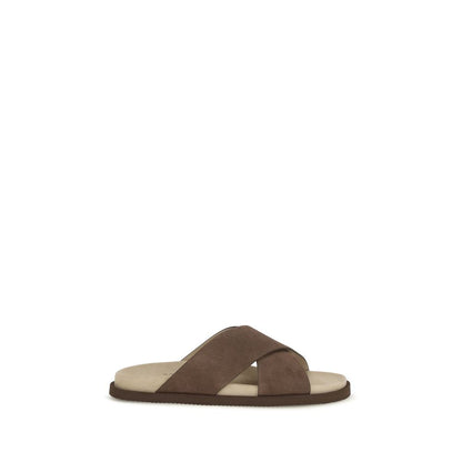 Brunello Cucinelli Brown Calf Leather Bos Taurus Flat Sandals