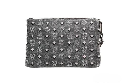 MCM Veritas Medium Dark Grey Denim Monogram Logo Canvas Clutch Pouch Handbag