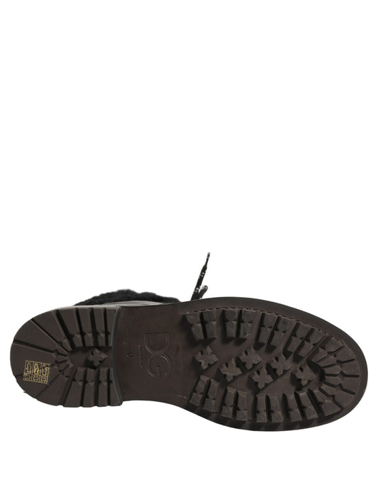 Dolce & Gabbana Black Trekking Fur Lace Leather Boots Shoes