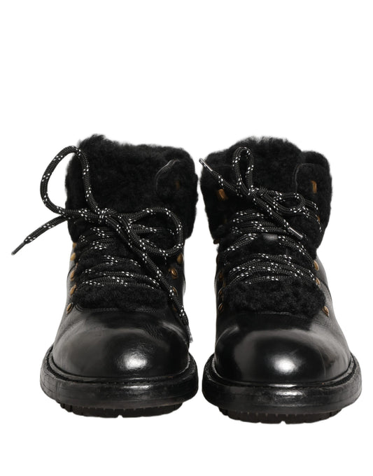 Dolce & Gabbana Black Trekking Fur Lace Leather Boots Shoes